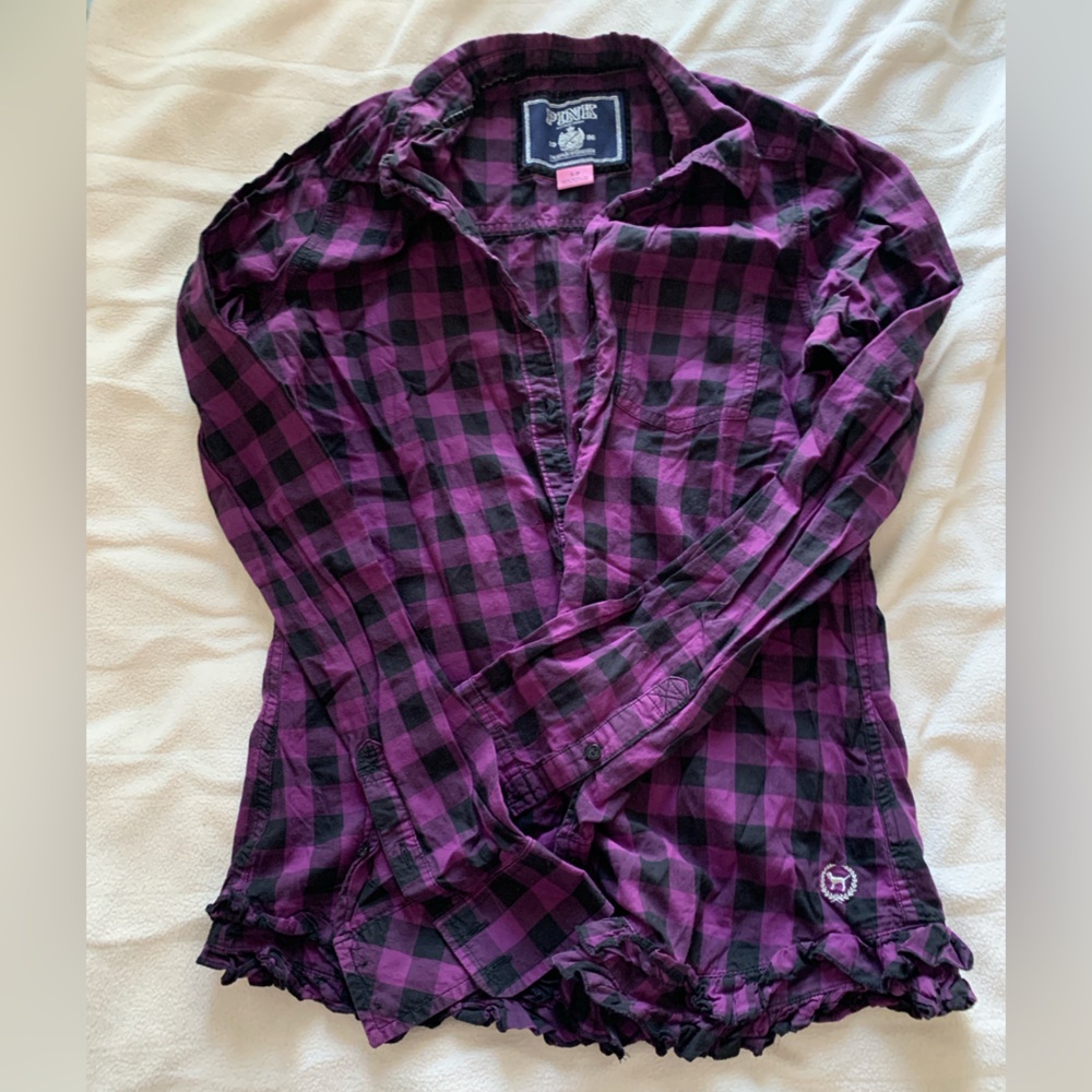 VS Pink checkered purple and black ruffle trimmed button down sleep shirt